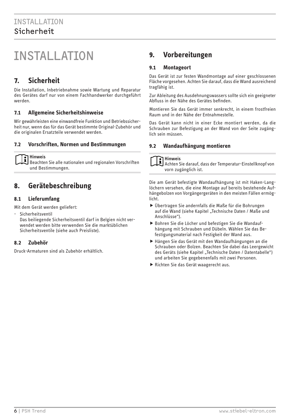 Installation, Installation sicherheit, Sicherheit | Gerätebeschreibung, Vorbereitungen | STIEBEL ELTRON psh 30 trend User Manual | Page 6 / 92