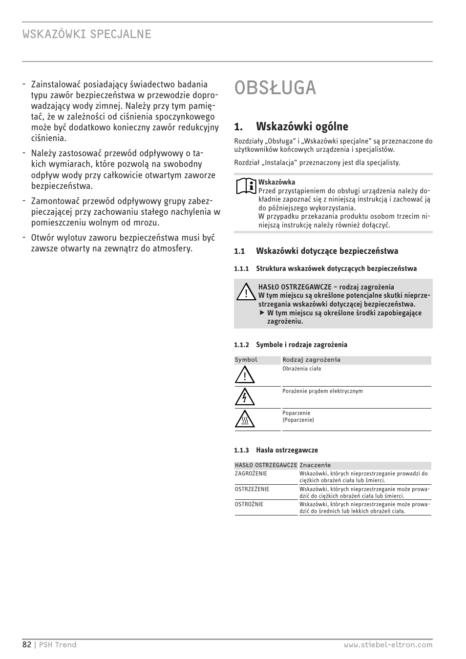 Obsługa, Wskazówki specjalne, Wskazówki ogólne | STIEBEL ELTRON psh 30 trend User Manual | Page 82 / 92