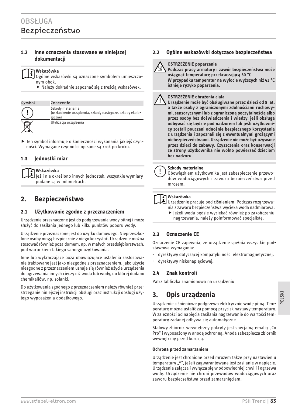 Obsługa bezpieczeństwo, Bezpieczeństwo, Opis urządzenia | STIEBEL ELTRON psh 30 trend User Manual | Page 83 / 92