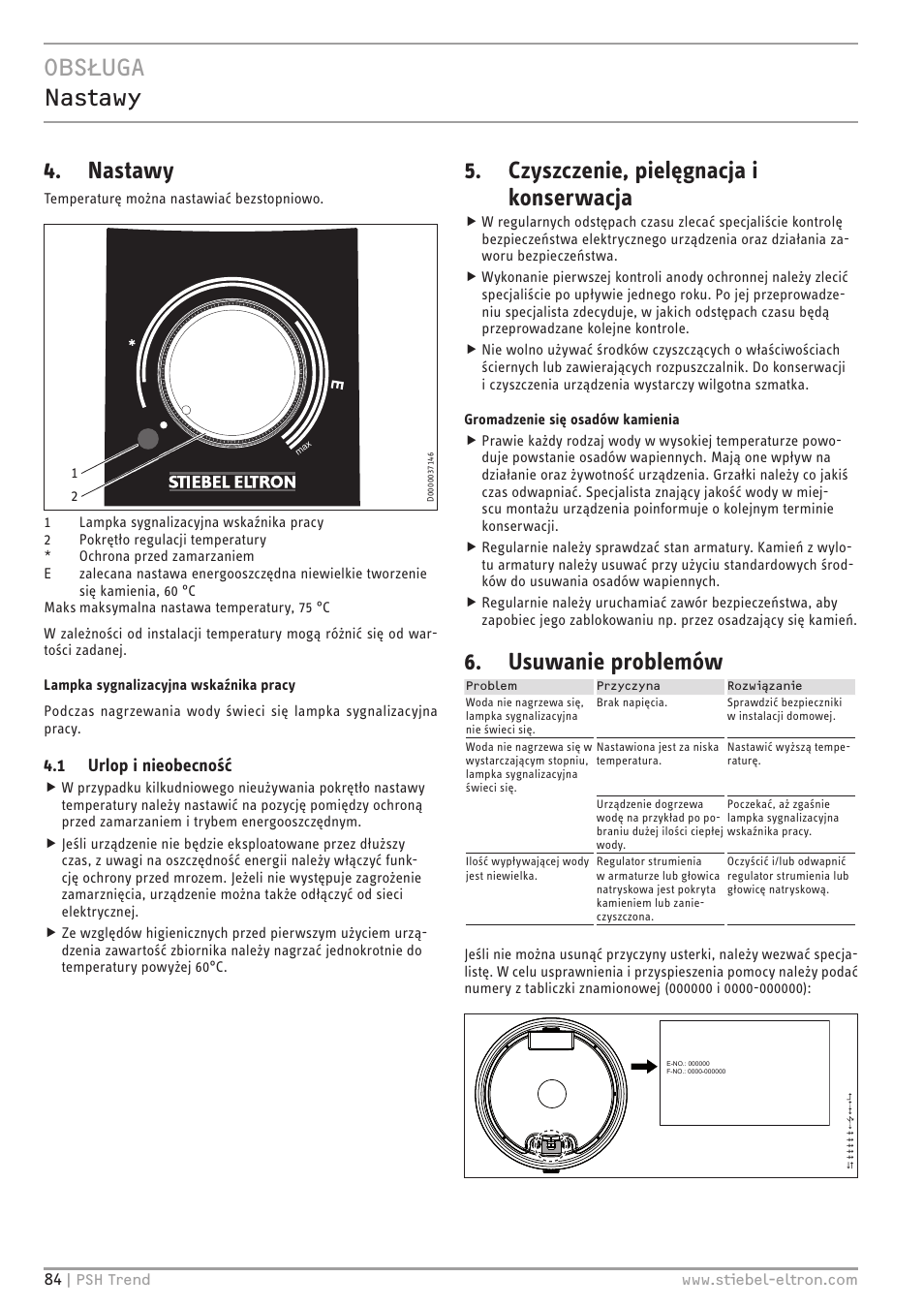 Obsługa nastawy, Nastawy, Czyszczenie, pielęgnacja i konserwacja | Usuwanie problemów, 1 urlop i nieobecność | STIEBEL ELTRON psh 30 trend User Manual | Page 84 / 92