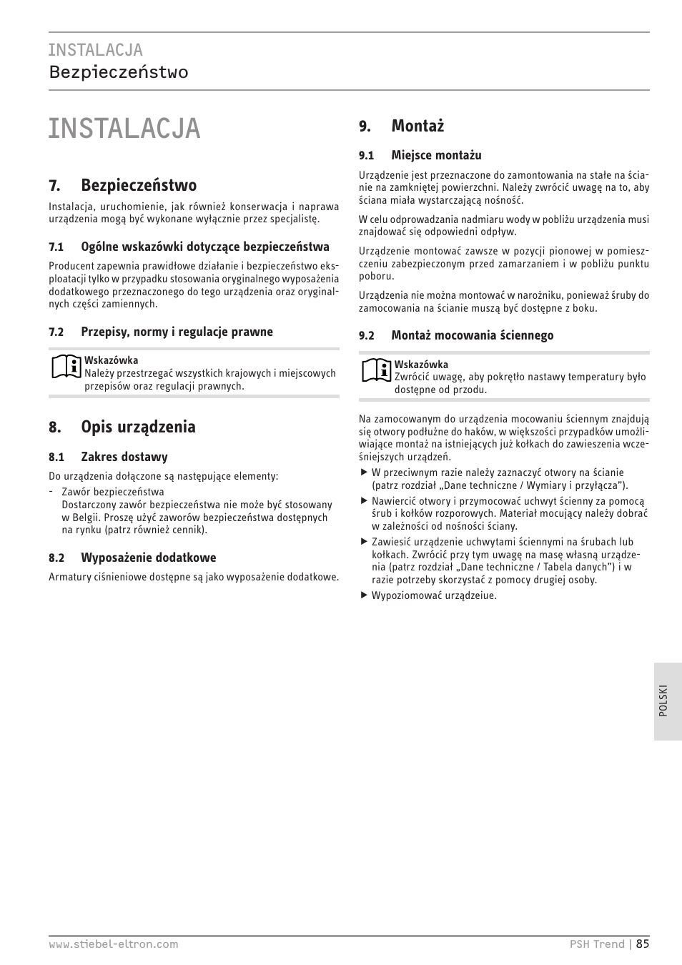 Instalacja, Instalacja bezpieczeństwo, Bezpieczeństwo | Opis urządzenia, Montaż | STIEBEL ELTRON psh 30 trend User Manual | Page 85 / 92