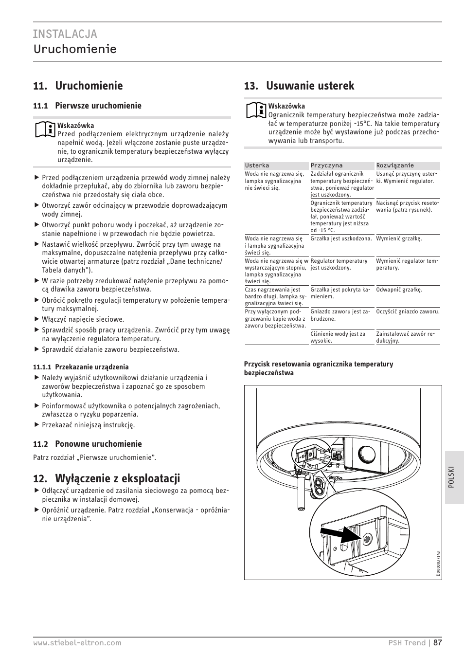 Instalacja uruchomienie 11. uruchomienie, Wyłączenie z eksploatacji, Usuwanie usterek | 1 pierwsze uruchomienie, 2 ponowne uruchomienie | STIEBEL ELTRON psh 30 trend User Manual | Page 87 / 92