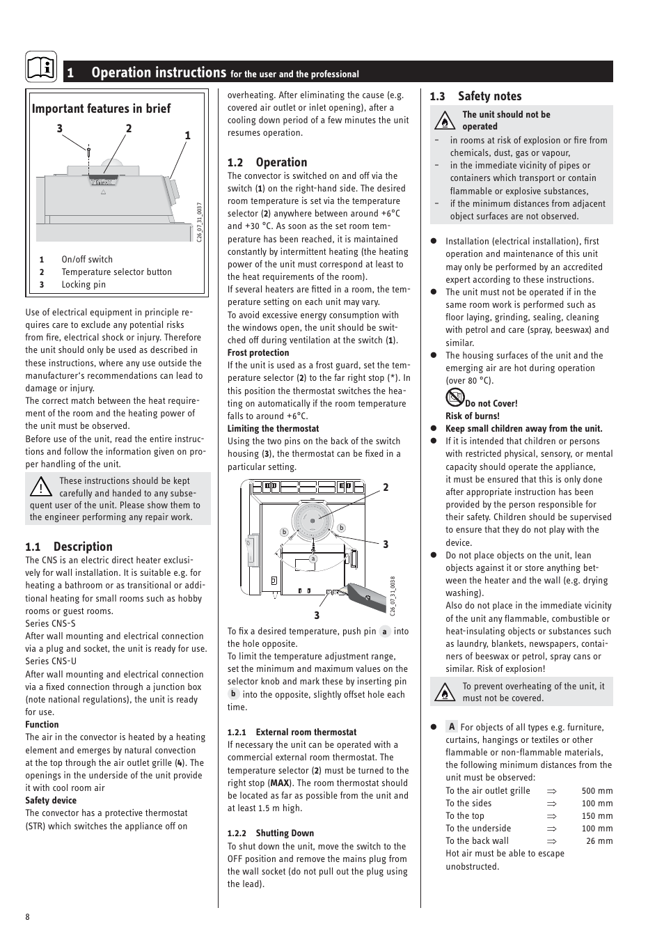 1 operation instructions, 1 description, 2 operation | Important features in brief | STIEBEL ELTRON CNS 50 S 15.09.2008 - 25.01.2009 User Manual | Page 8 / 34