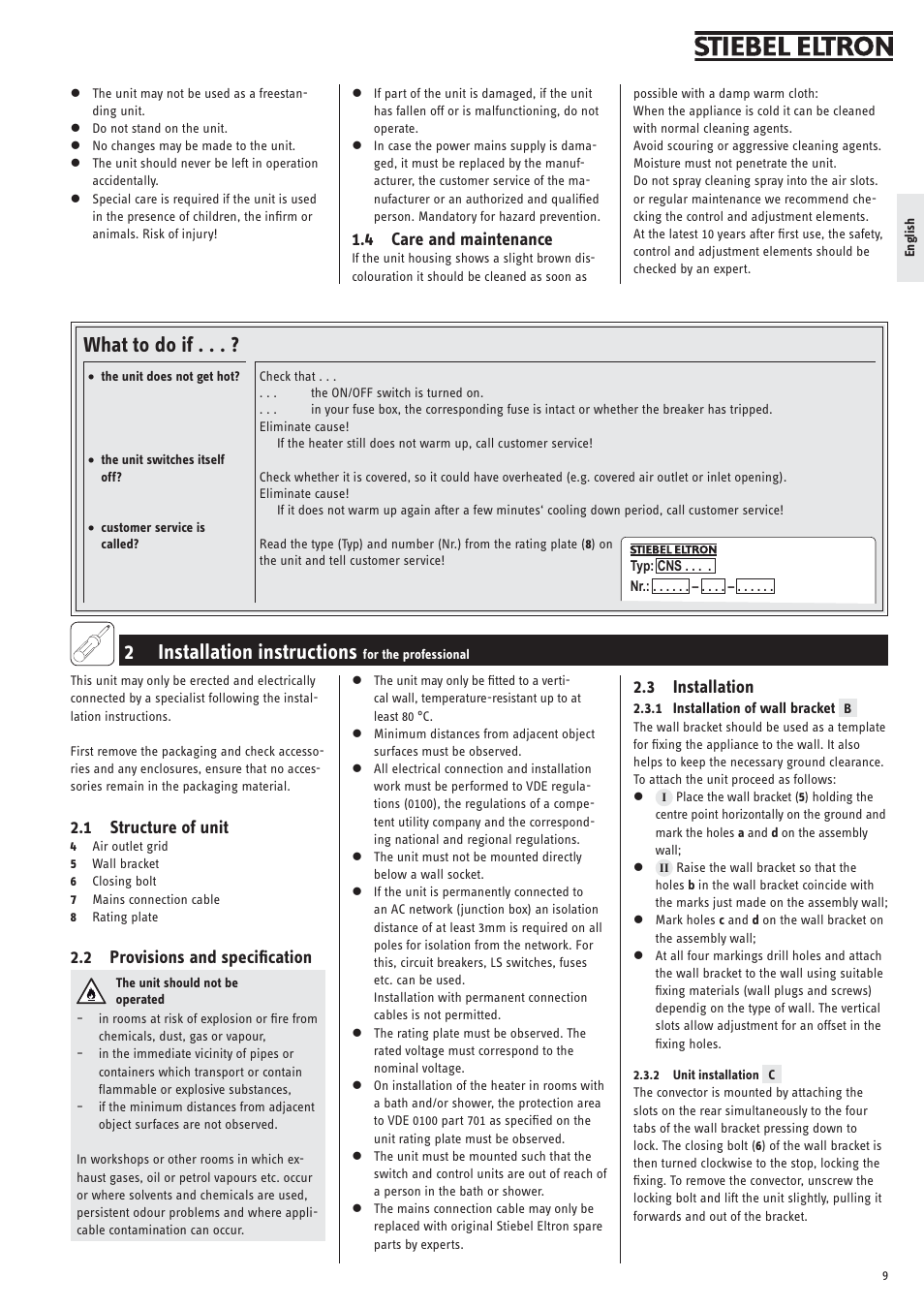 2 installation instructions, What to do if, 1 structure of unit | 2 provisions and speciﬁcation, 4 care and maintenance, 3 installation | STIEBEL ELTRON CNS 50 S 15.09.2008 - 25.01.2009 User Manual | Page 9 / 34