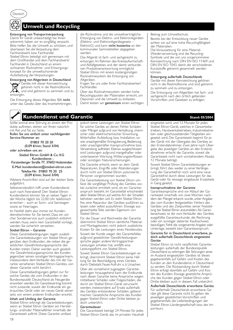 Umwelt und recycling kundendienst und garantie, Umwelt und recycling | STIEBEL ELTRON SHD ... S 06.06.2006 - 12.04.2009 User Manual | Page 18 / 20