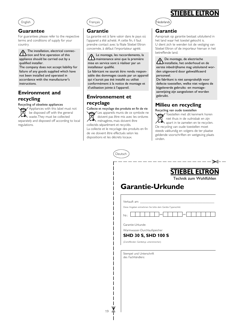 Garantie-urkunde, Garantie, Milieu en recycling | Guarantee, Environment and recycling, Environnement et recyclage | STIEBEL ELTRON SHD ... S 06.06.2006 - 12.04.2009 User Manual | Page 19 / 20