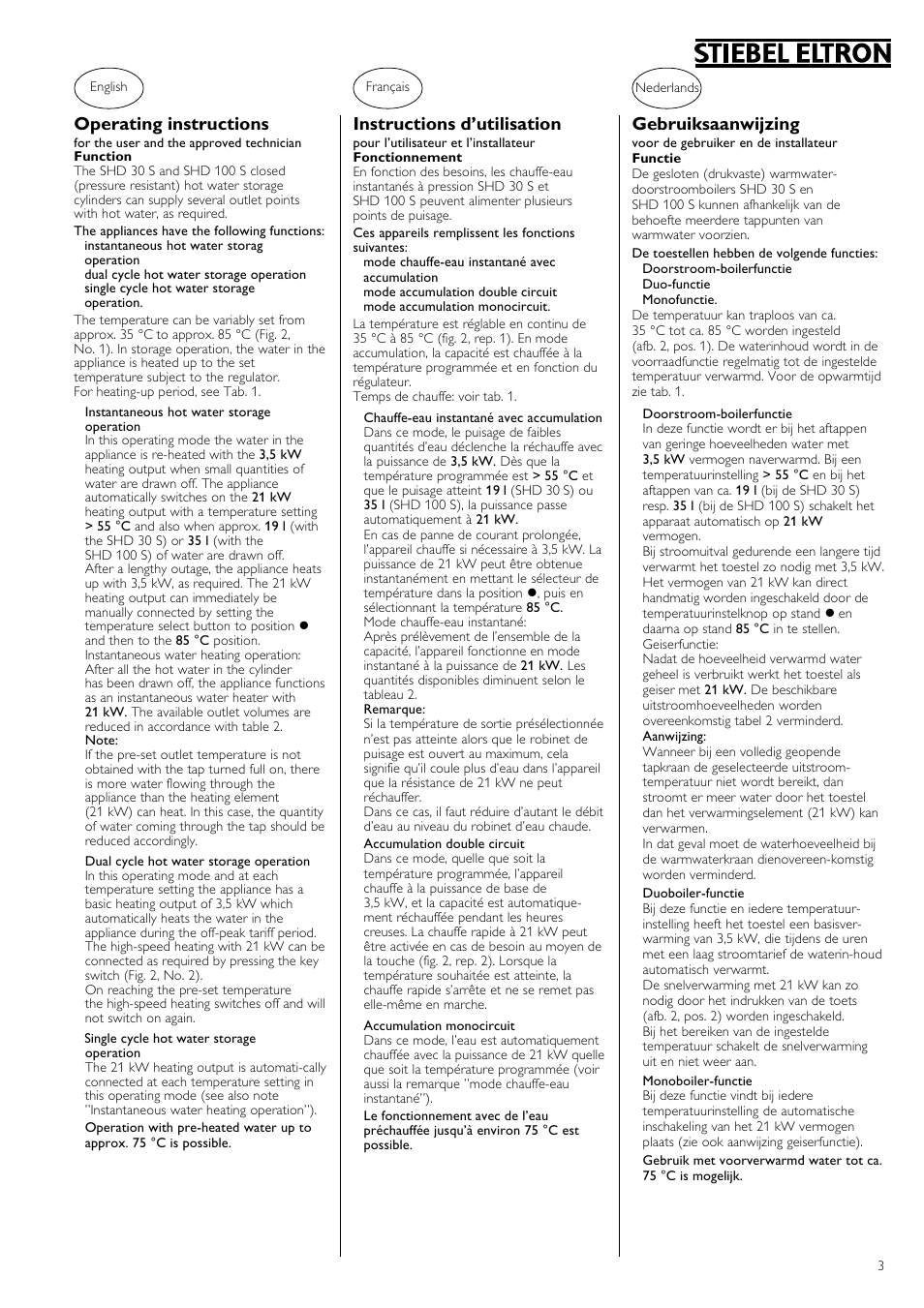 Gebruiksaanwijzing, Operating instructions, Instructions d’utilisation | STIEBEL ELTRON SHD ... S 06.06.2006 - 12.04.2009 User Manual | Page 3 / 20