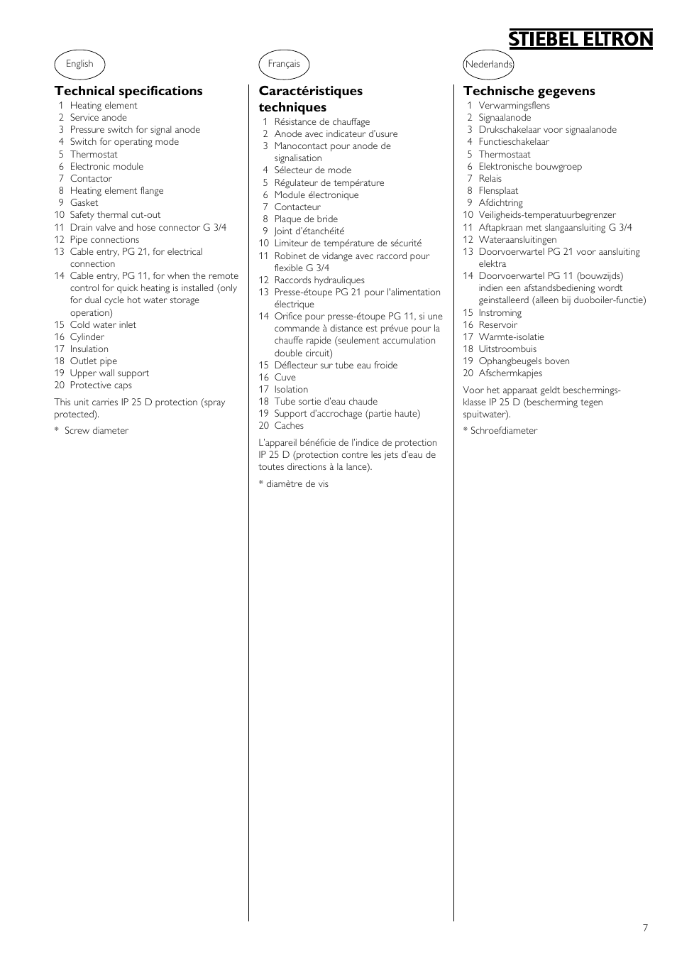 Technical specifications, Caractéristiques techniques, Technische gegevens | STIEBEL ELTRON SHD ... S 06.06.2006 - 12.04.2009 User Manual | Page 7 / 20