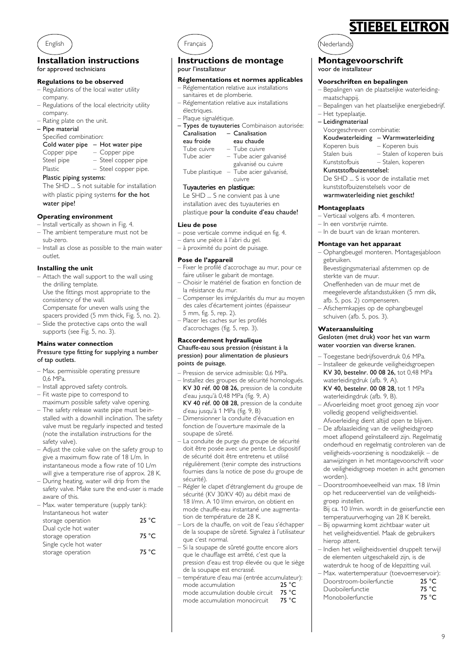Installation instructions, Instructions de montage, Montagevoorschrift | STIEBEL ELTRON SHD ... S 06.06.2006 - 12.04.2009 User Manual | Page 9 / 20