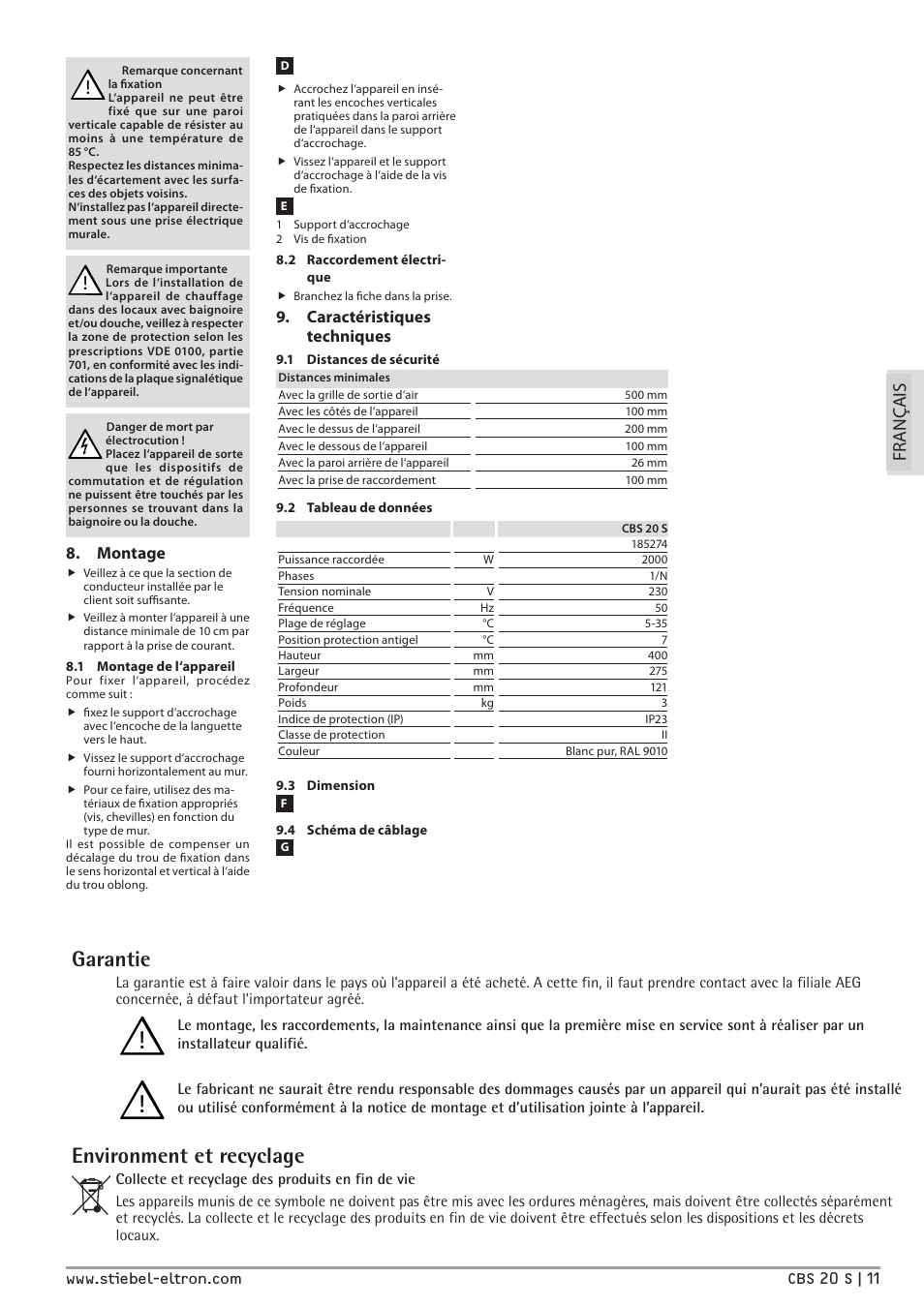 Garantie, Environment et recyclage, Fr an ça is | Montage, Caractéristiques techniques | STIEBEL ELTRON CBS 20 S с 07.03.2011 User Manual | Page 11 / 22