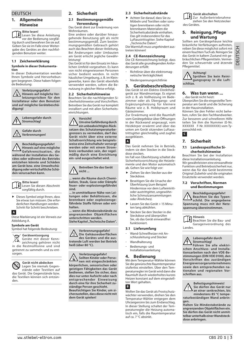Deut sc h deutsch, Allgemeine hinweise, Sicherheit | Gerätebeschreibung, Bedienung, Reinigung, pflege und wartung, Was tun wenn | STIEBEL ELTRON CBS 20 S с 07.03.2011 User Manual | Page 3 / 22