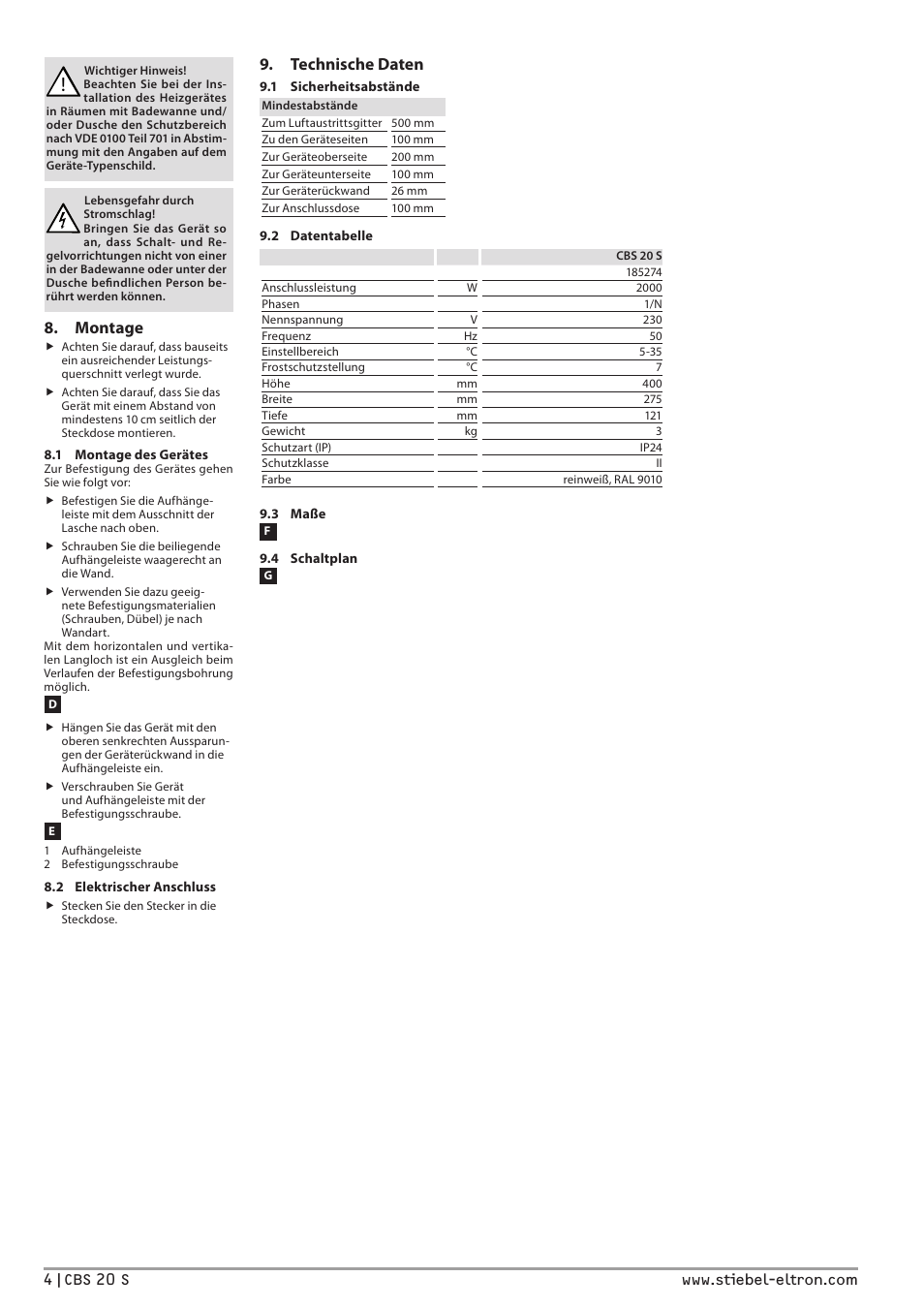 Montage, Technische daten | STIEBEL ELTRON CBS 20 S с 07.03.2011 User Manual | Page 4 / 22