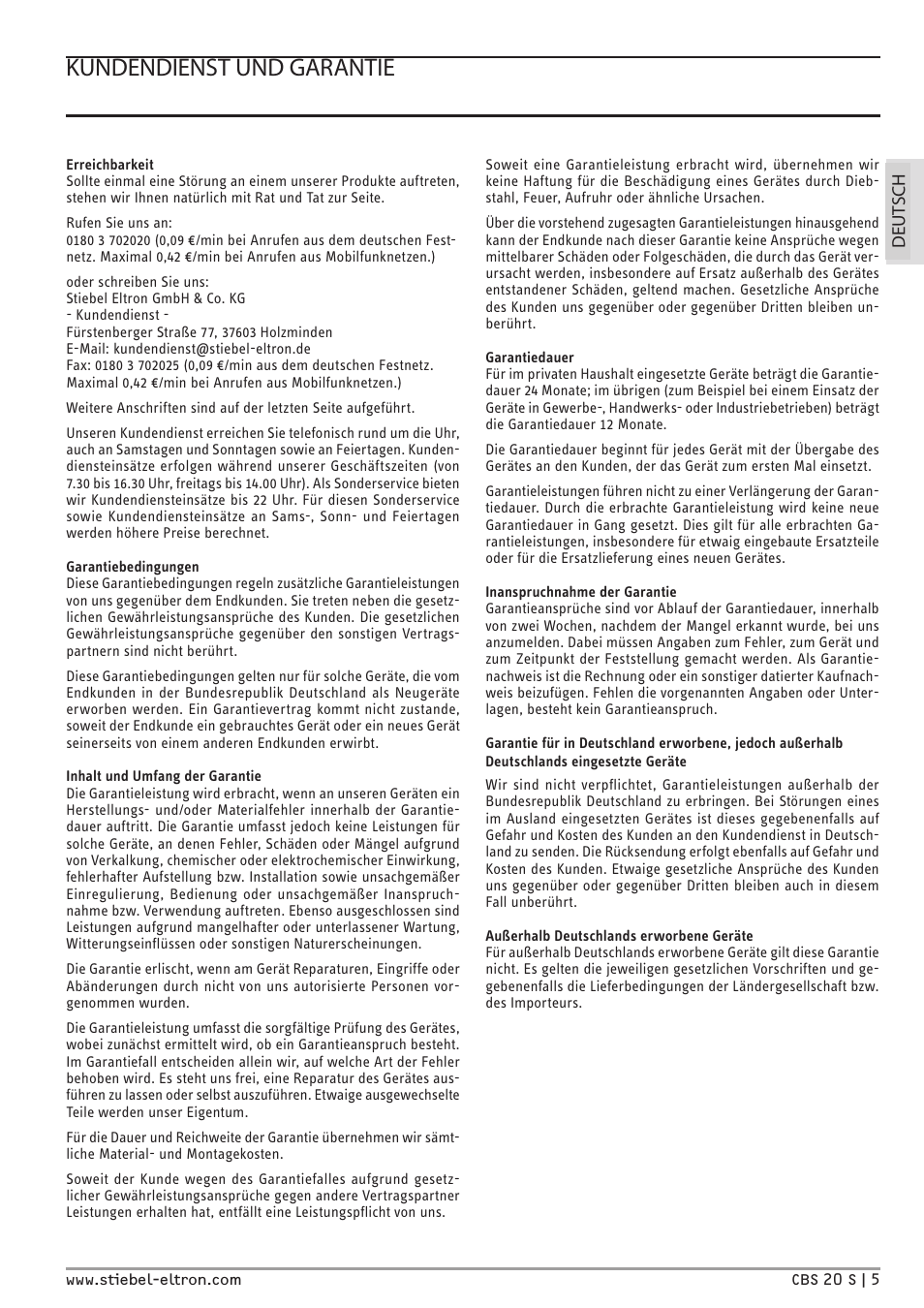 Kundendienst und garantie | STIEBEL ELTRON CBS 20 S с 07.03.2011 User Manual | Page 5 / 22