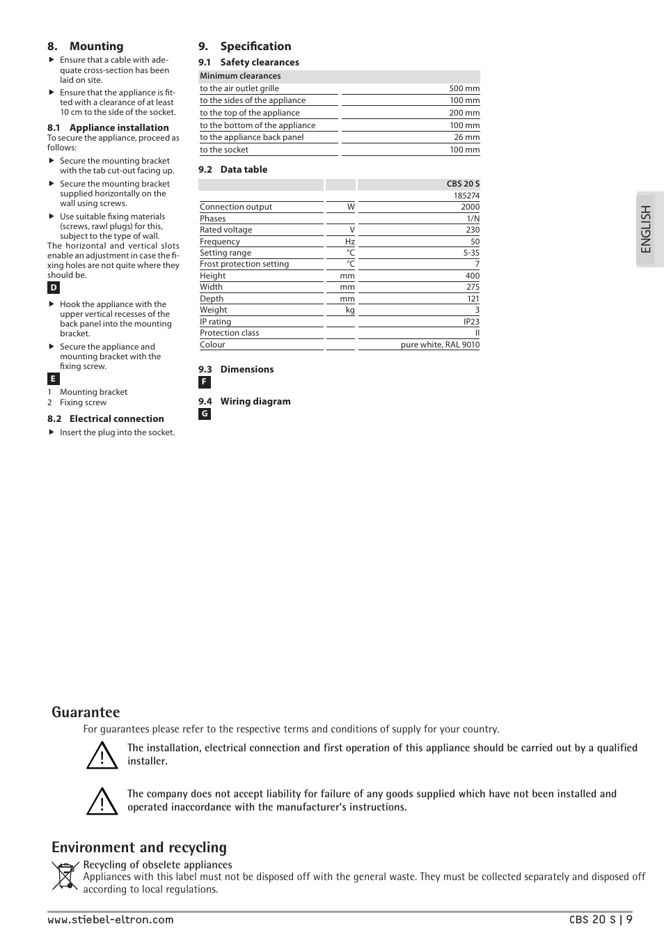 Guarantee, Environment and recycling, En g li sh | Mounting, Specification | STIEBEL ELTRON CBS 20 S с 07.03.2011 User Manual | Page 9 / 22