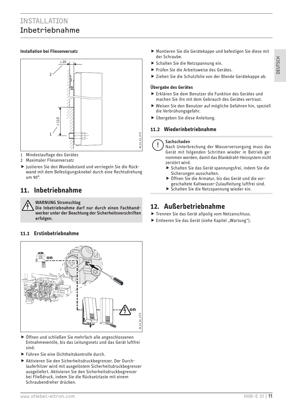 Installation inbetriebnahme, Inbetriebnahme, Außerbetriebnahme | STIEBEL ELTRON HDB-E Si с 01.02.2013 User Manual | Page 11 / 80