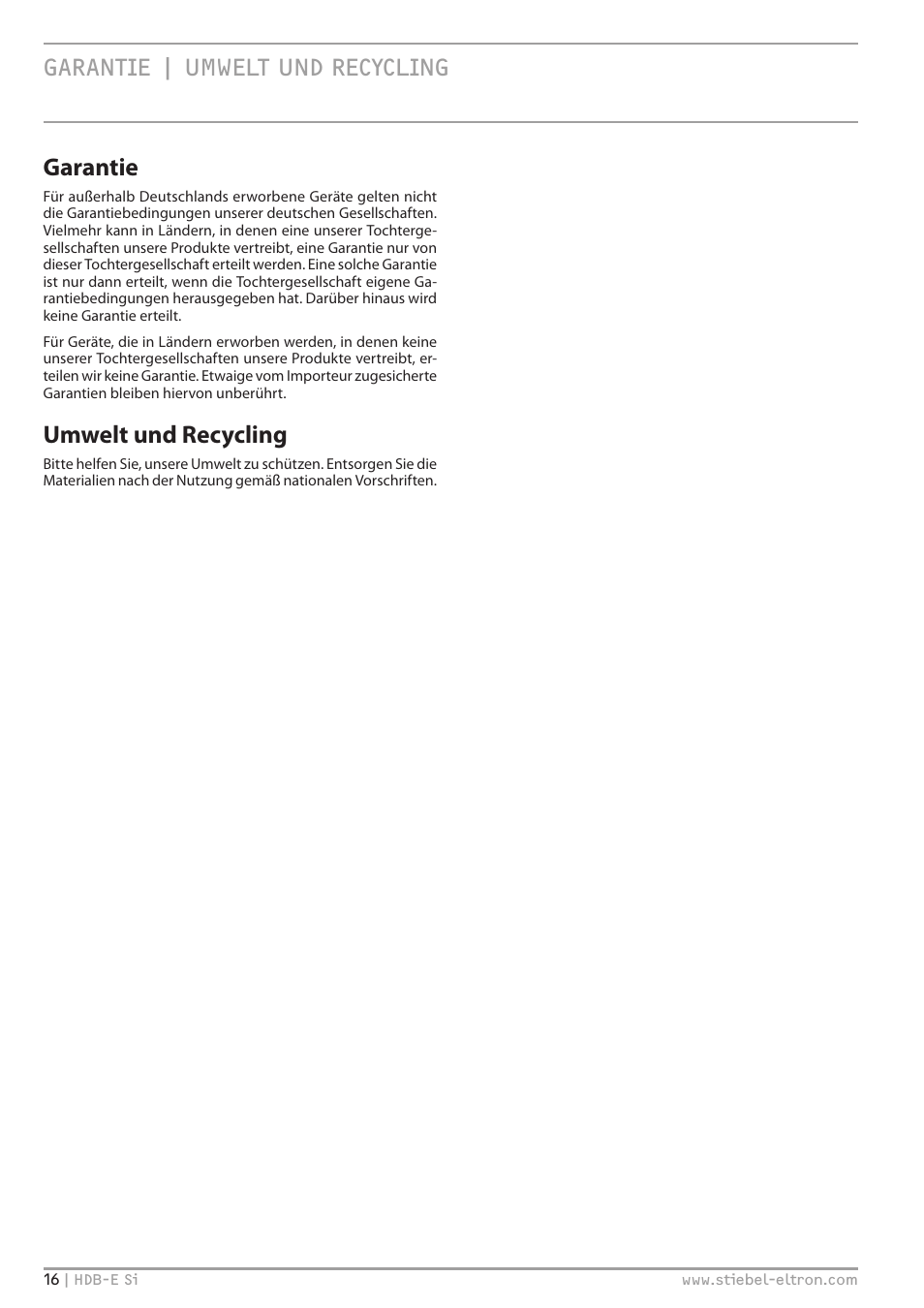 Garantie umwelt und recycling, Garantie | umwelt und recycling, Garantie | Umwelt und recycling | STIEBEL ELTRON HDB-E Si с 01.02.2013 User Manual | Page 16 / 80