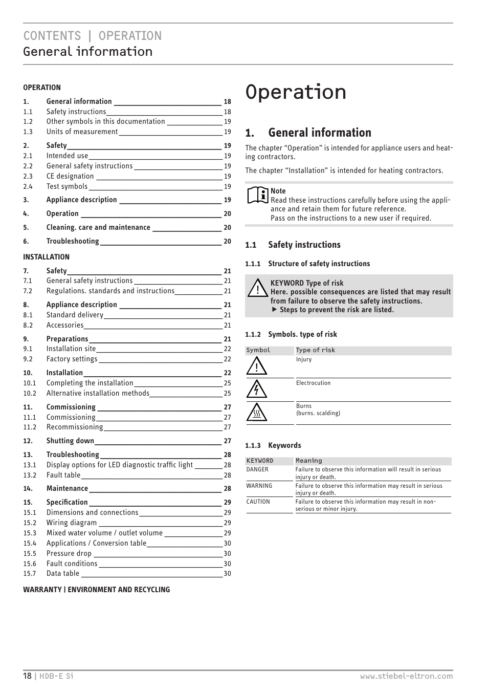 Operation, Contents | operation general information, General information | STIEBEL ELTRON HDB-E Si с 01.02.2013 User Manual | Page 18 / 80