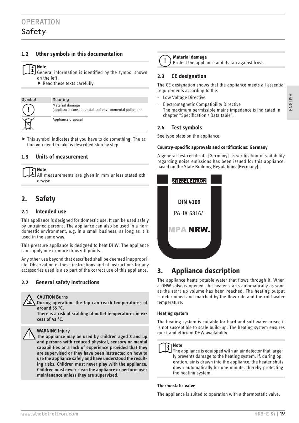 Operation safety, Safety, Appliance description | STIEBEL ELTRON HDB-E Si с 01.02.2013 User Manual | Page 19 / 80