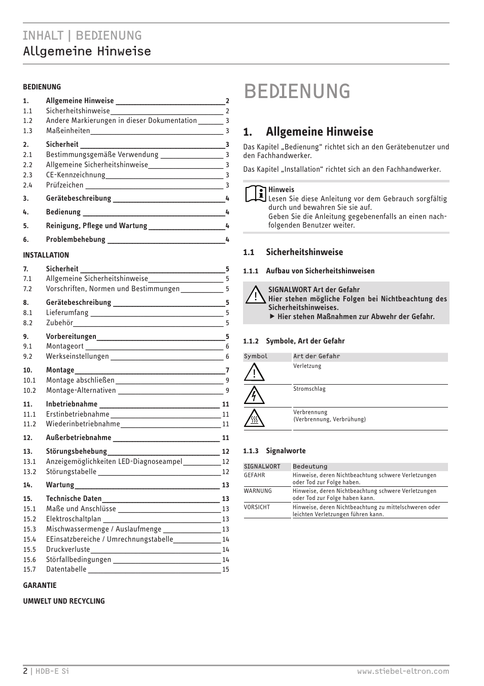 Bedienung, Inhalt | bedienung allgemeine hinweise, Allgemeine hinweise | STIEBEL ELTRON HDB-E Si с 01.02.2013 User Manual | Page 2 / 80