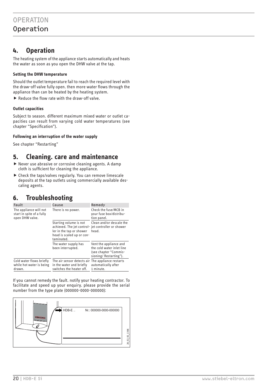 Operation operation, Operation, Cleaning. care and maintenance | Troubleshooting | STIEBEL ELTRON HDB-E Si с 01.02.2013 User Manual | Page 20 / 80