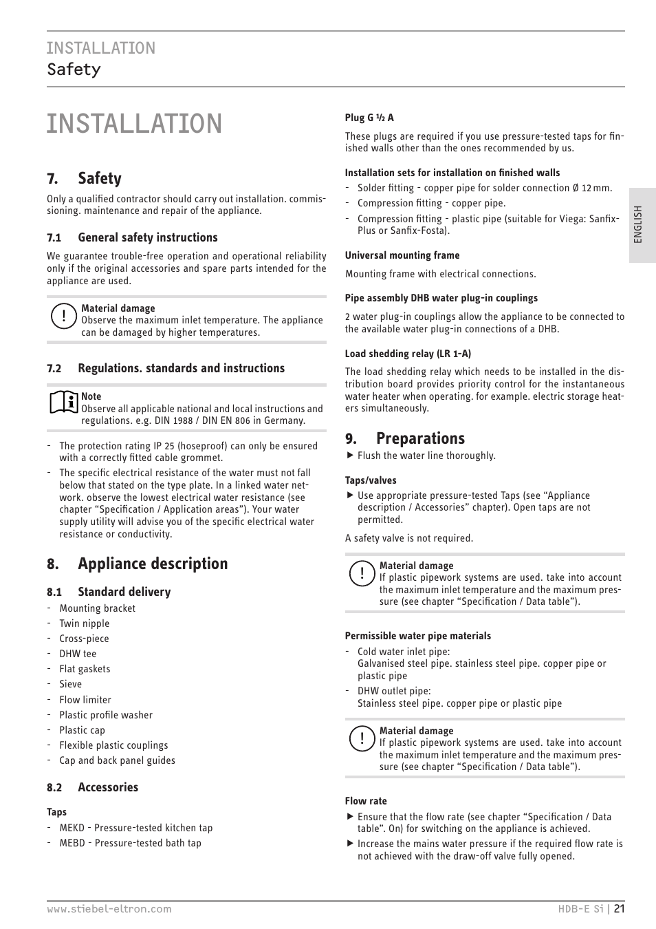 Installation, Installation safety, Safety | Appliance description, Preparations | STIEBEL ELTRON HDB-E Si с 01.02.2013 User Manual | Page 21 / 80