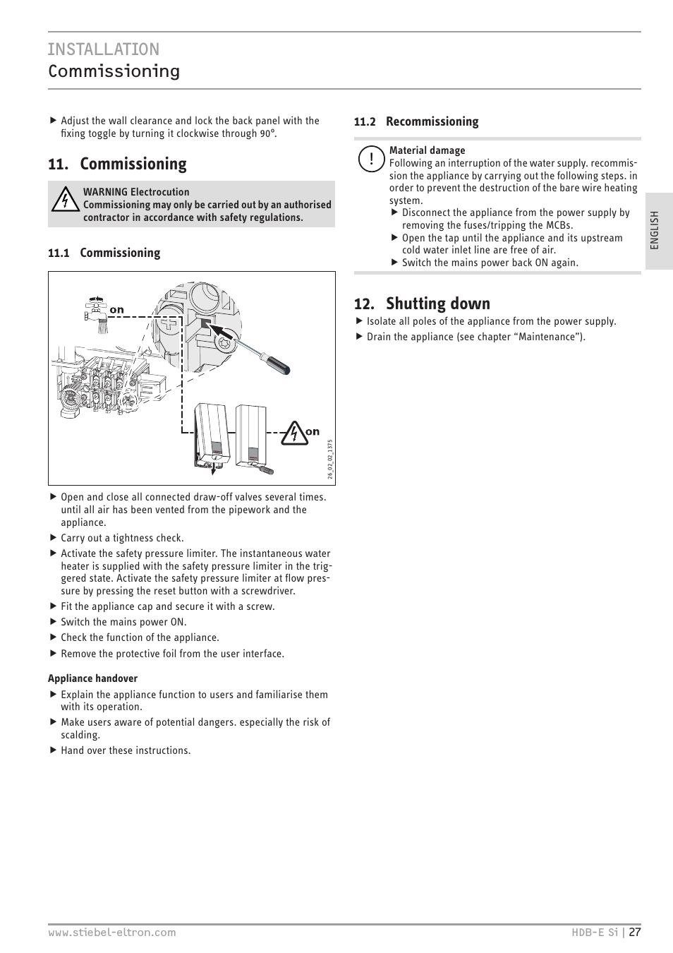 Installation commissioning, Commissioning, Shutting down | STIEBEL ELTRON HDB-E Si с 01.02.2013 User Manual | Page 27 / 80