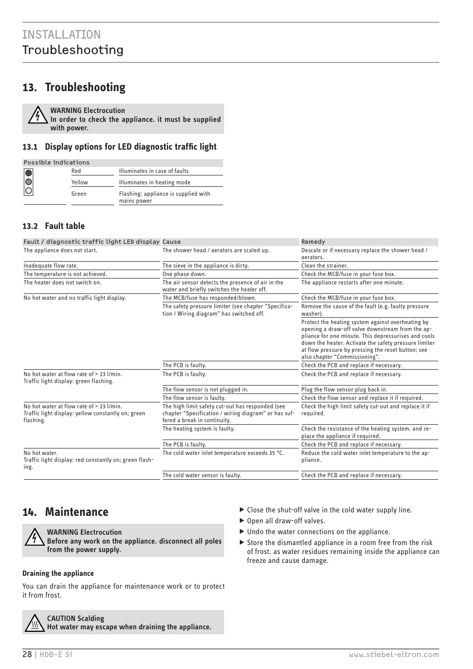 Installation troubleshooting 13. troubleshooting, Maintenance, 1 display options for led diagnostic traffic light | 2 fault table | STIEBEL ELTRON HDB-E Si с 01.02.2013 User Manual | Page 28 / 80