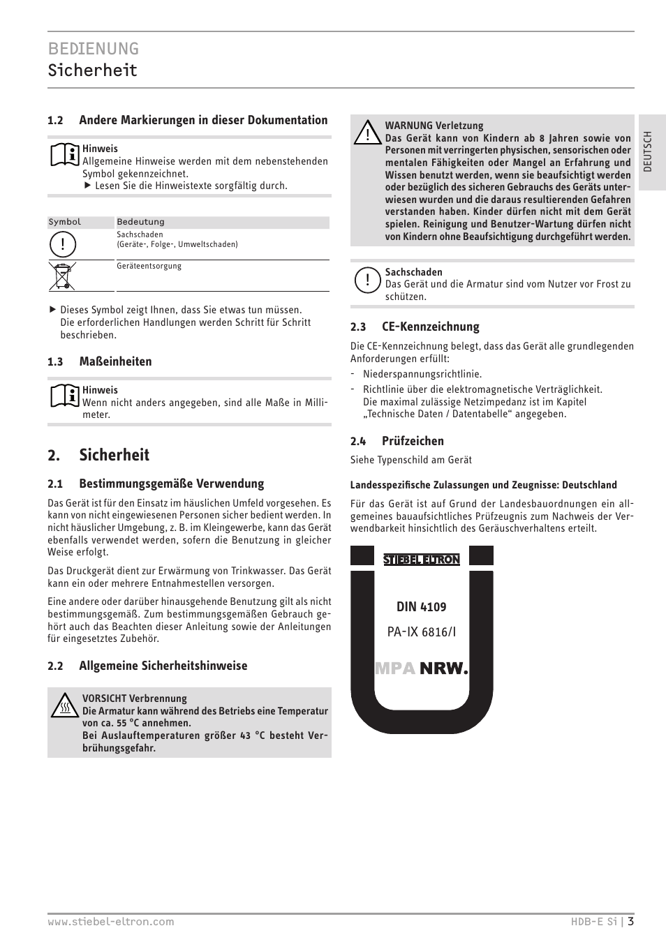 Bedienung sicherheit, Sicherheit | STIEBEL ELTRON HDB-E Si с 01.02.2013 User Manual | Page 3 / 80