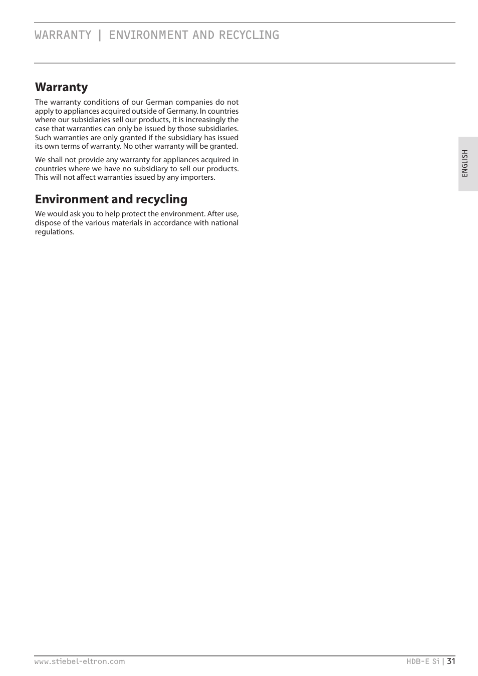 Warranty | environment and recycling, Warranty | environment and recycling warranty, Environment and recycling | STIEBEL ELTRON HDB-E Si с 01.02.2013 User Manual | Page 31 / 80