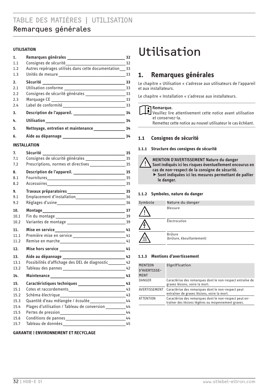 Utilisation, Remarques générales | STIEBEL ELTRON HDB-E Si с 01.02.2013 User Manual | Page 32 / 80