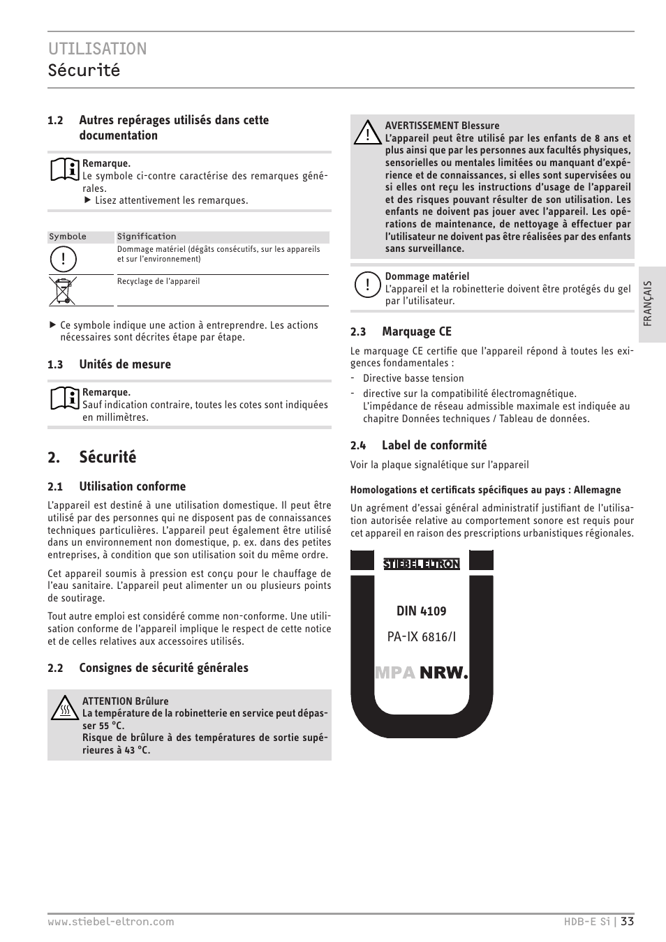 Utilisation sécurité, Sécurité | STIEBEL ELTRON HDB-E Si с 01.02.2013 User Manual | Page 33 / 80