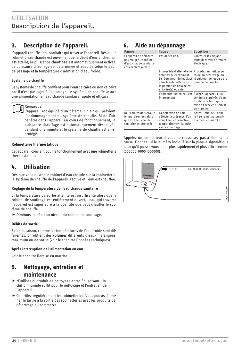 Utilisation description de l’appareil, Description de l’appareil, Utilisation | Nettoyage, entretien et maintenance, Aide au dépannage | STIEBEL ELTRON HDB-E Si с 01.02.2013 User Manual | Page 34 / 80