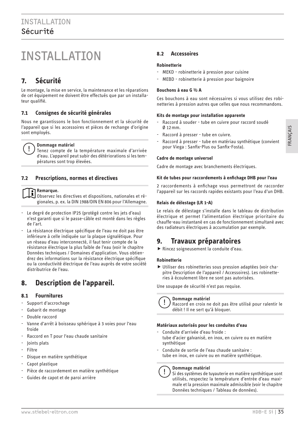 Installation, Installation sécurité, Sécurité | Description de l’appareil, Travaux préparatoires | STIEBEL ELTRON HDB-E Si с 01.02.2013 User Manual | Page 35 / 80