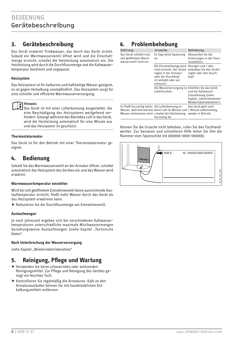 Bedienung gerätebeschreibung, Gerätebeschreibung, Bedienung | Reinigung, pflege und wartung, Problembehebung | STIEBEL ELTRON HDB-E Si с 01.02.2013 User Manual | Page 4 / 80