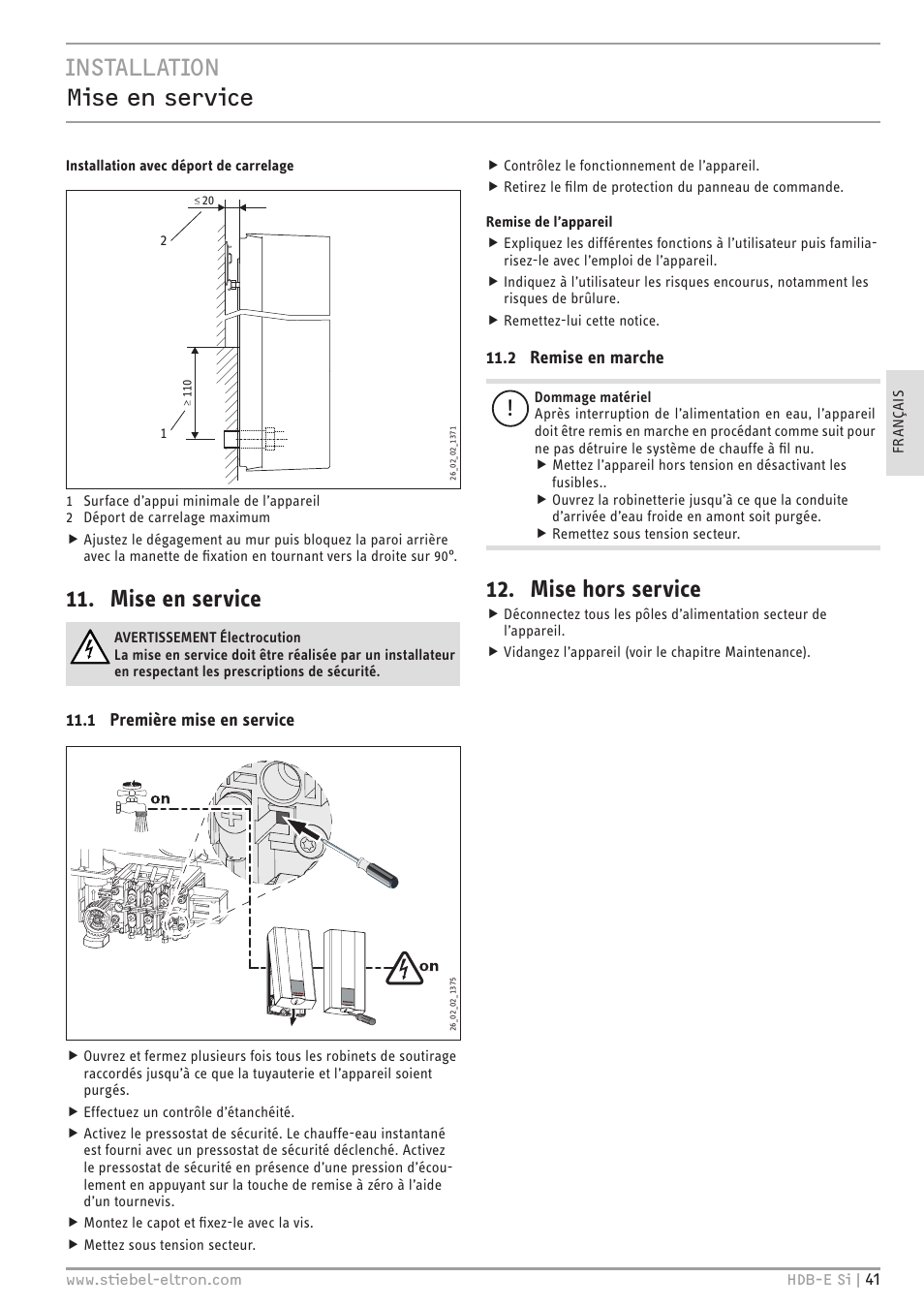 Installation mise en service, Mise en service, Mise hors service | STIEBEL ELTRON HDB-E Si с 01.02.2013 User Manual | Page 41 / 80