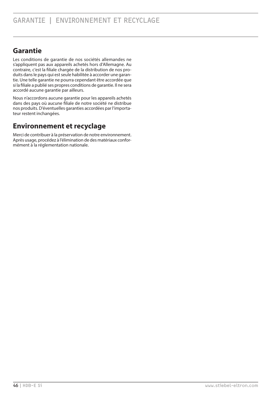 Garantie | environnement et recyclage, Garantie | environnement et recyclage garantie, Environnement et recyclage | STIEBEL ELTRON HDB-E Si с 01.02.2013 User Manual | Page 46 / 80