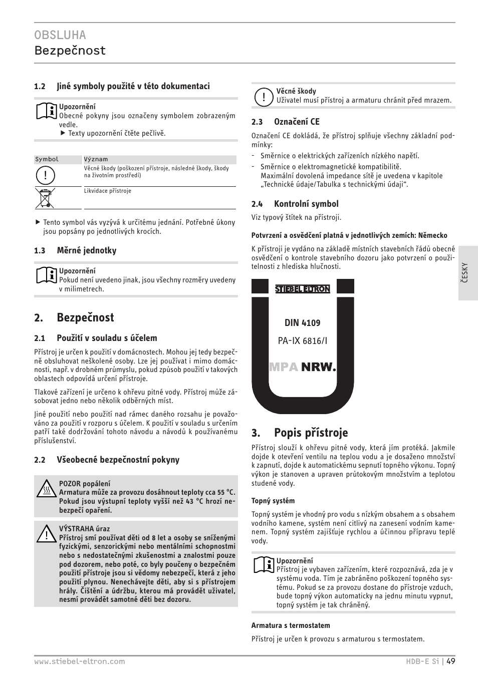 Obsluha bezpečnost, Bezpečnost, Popis přístroje | STIEBEL ELTRON HDB-E Si с 01.02.2013 User Manual | Page 49 / 80