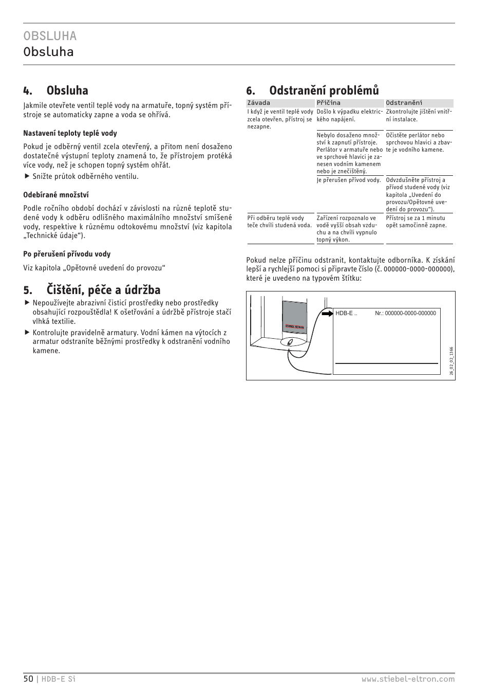 Obsluha obsluha, Obsluha, Čištění, péče a údržba | Odstranění problémů | STIEBEL ELTRON HDB-E Si с 01.02.2013 User Manual | Page 50 / 80