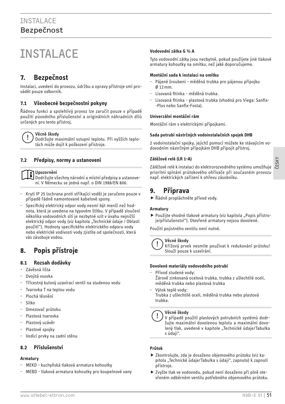 Instalace, Instalace bezpečnost, Bezpečnost | Popis přístroje, Příprava | STIEBEL ELTRON HDB-E Si с 01.02.2013 User Manual | Page 51 / 80