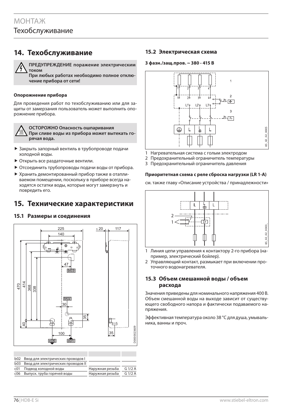 Монтаж техобслуживание 14. техобслуживание, Технические характеристики, 1 размеры и соединения | 2 электрическая схема, 3 объем смешанной воды / объем расхода | STIEBEL ELTRON HDB-E Si с 01.02.2013 User Manual | Page 76 / 80