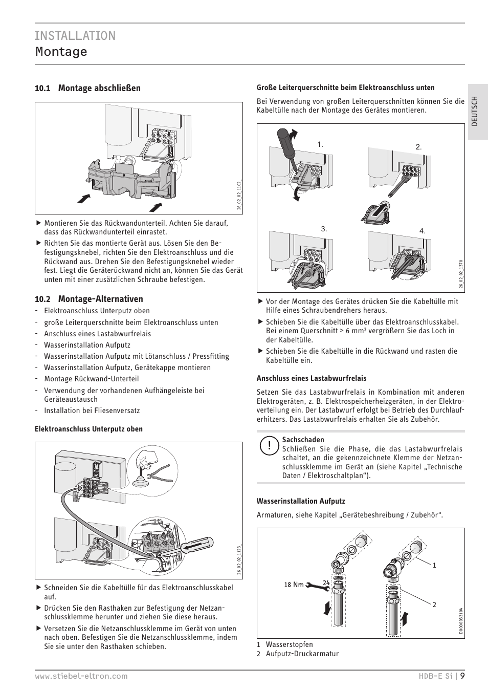 Installation montage, 1 montage abschließen, 2 montage-alternativen | STIEBEL ELTRON HDB-E Si с 01.02.2013 User Manual | Page 9 / 80