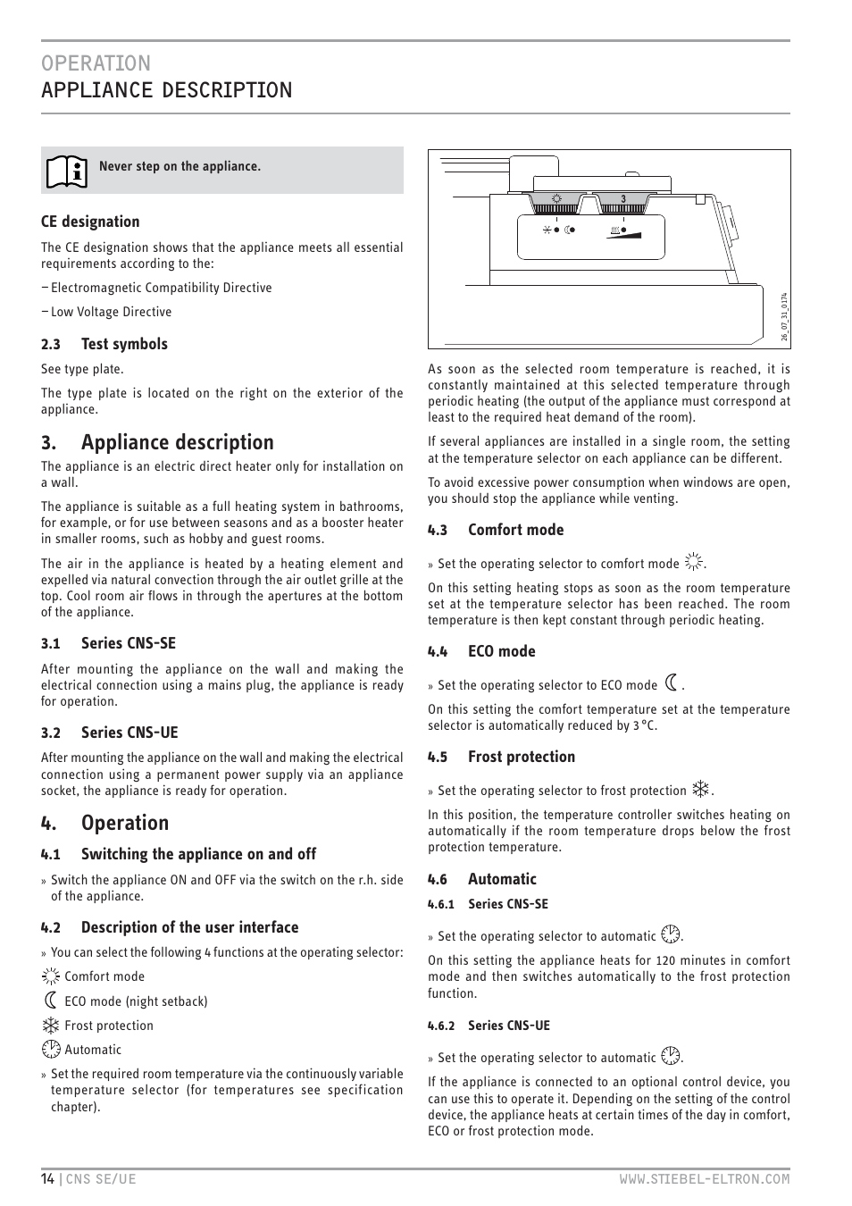 Appliance description, Operation | STIEBEL ELTRON CNS UE с 01.03.2010 User Manual | Page 14 / 72