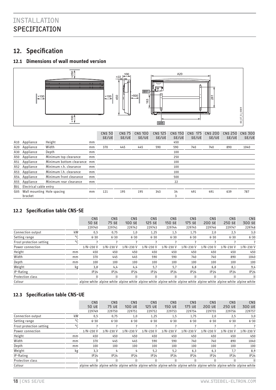 1 dimensions of wall mounted version, 2 speciﬁcation table cns-se, 3 speciﬁcation table cns-ue | STIEBEL ELTRON CNS UE с 01.03.2010 User Manual | Page 18 / 72