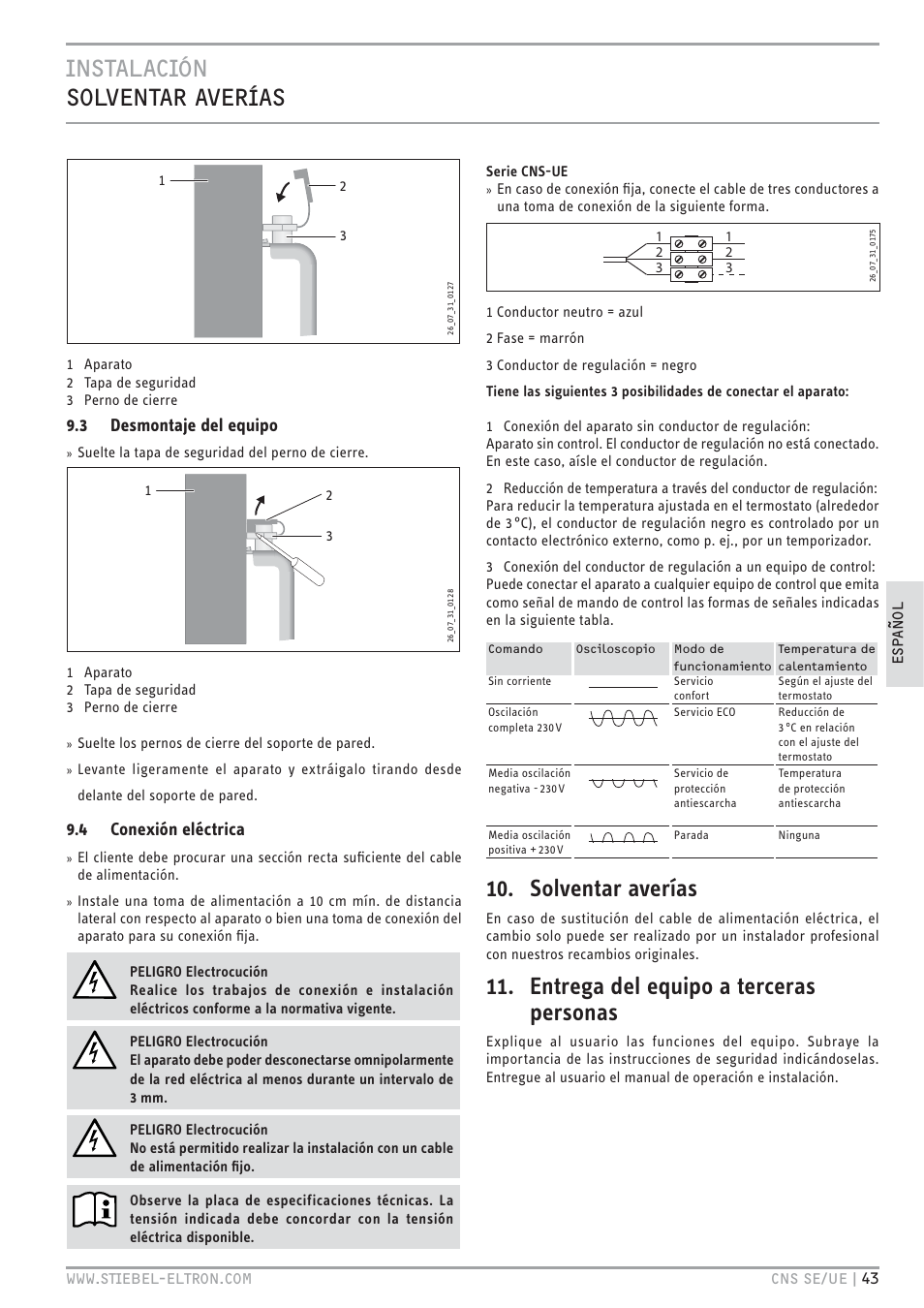 Solventar averías, Entrega del equipo a terceras personas, 3 desmontaje del equipo | 4 conexión eléctrica | STIEBEL ELTRON CNS UE с 01.03.2010 User Manual | Page 43 / 72