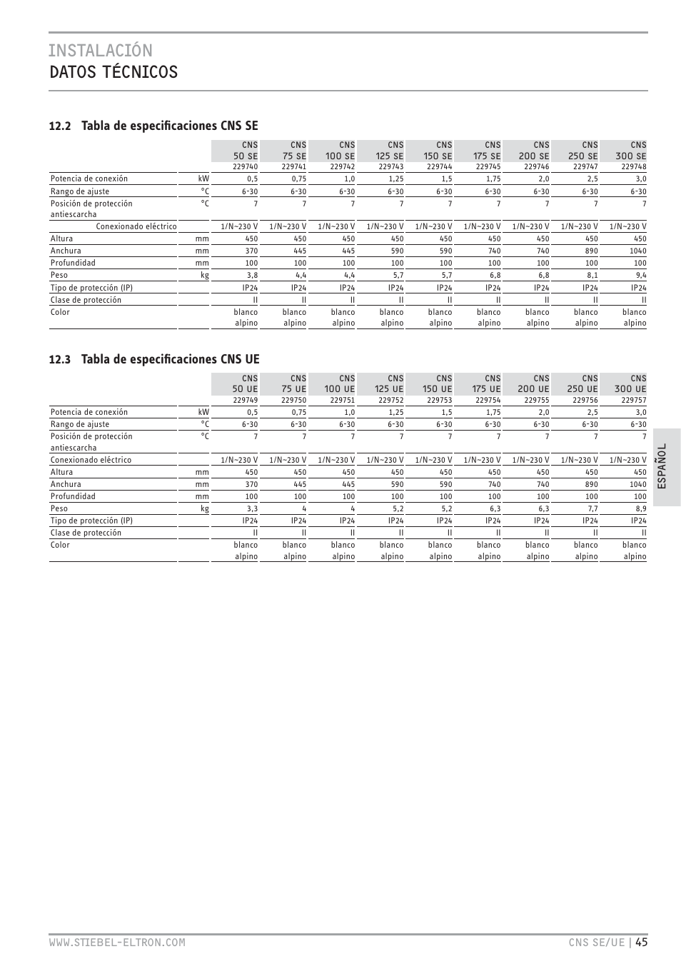 2 tabla de especiﬁcaciones cns se, 3 tabla de especiﬁcaciones cns ue | STIEBEL ELTRON CNS UE с 01.03.2010 User Manual | Page 45 / 72