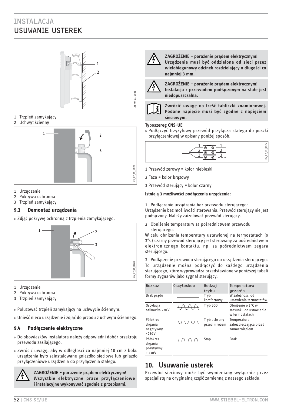 Usuwanie usterek, 3 demontaż urządzenia, 4 podłączenie elektryczne | STIEBEL ELTRON CNS UE с 01.03.2010 User Manual | Page 52 / 72