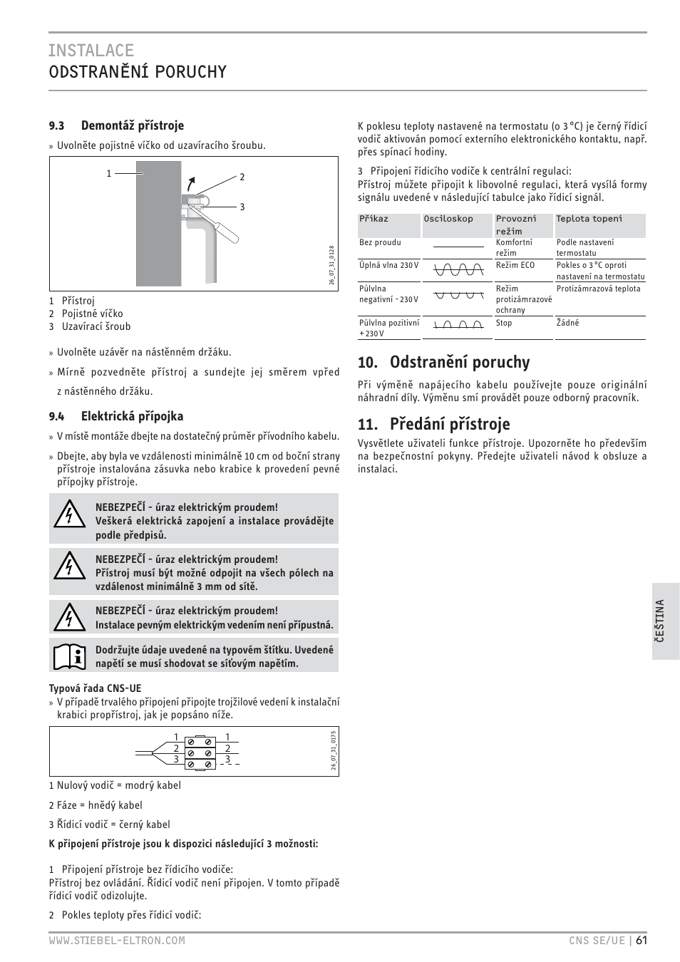 Odstranění poruchy, Předání přístroje, 3 demontáž přístroje | 4 elektrická přípojka | STIEBEL ELTRON CNS UE с 01.03.2010 User Manual | Page 61 / 72