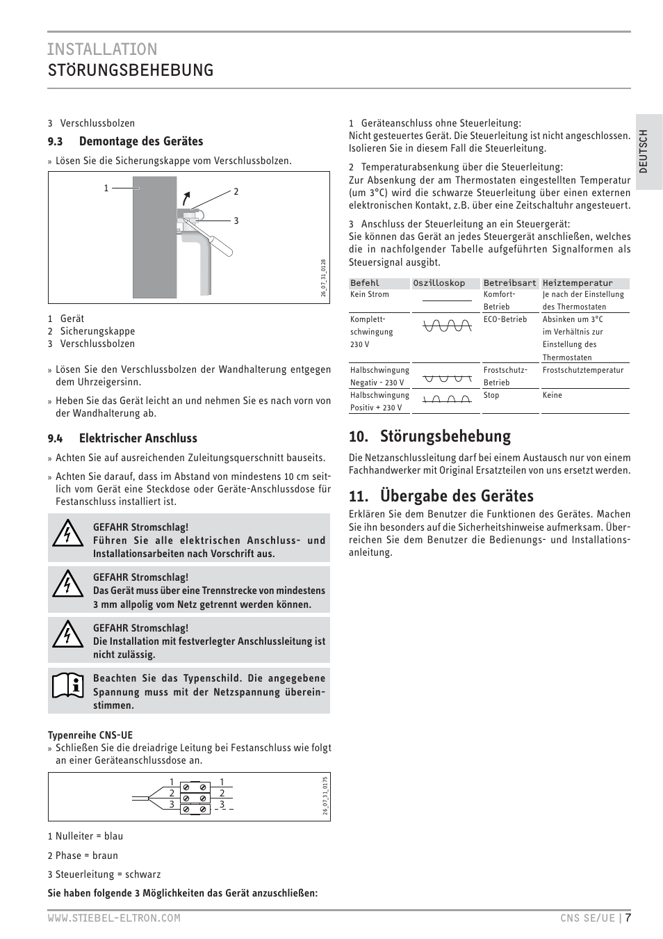 Störungsbehebung, Übergabe des gerätes, 3 demontage des gerätes | 4 elektrischer anschluss | STIEBEL ELTRON CNS UE с 01.03.2010 User Manual | Page 7 / 72
