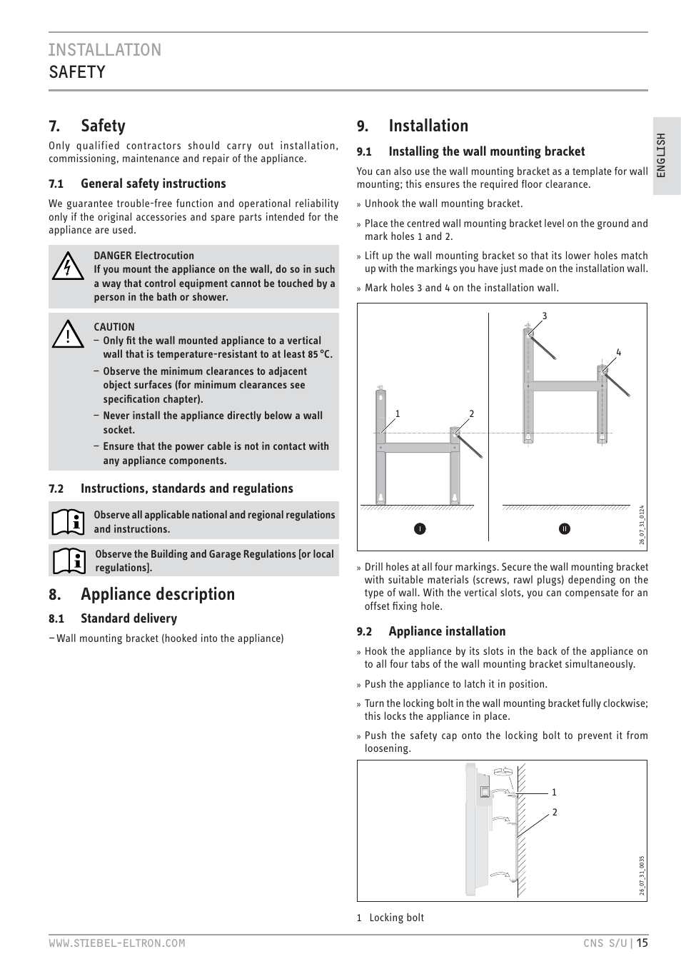 Cz`<<`.hc z%`t 7. safety, Appliance description, Installation | STIEBEL ELTRON CNS U с 01.03.2010 User Manual | Page 15 / 72