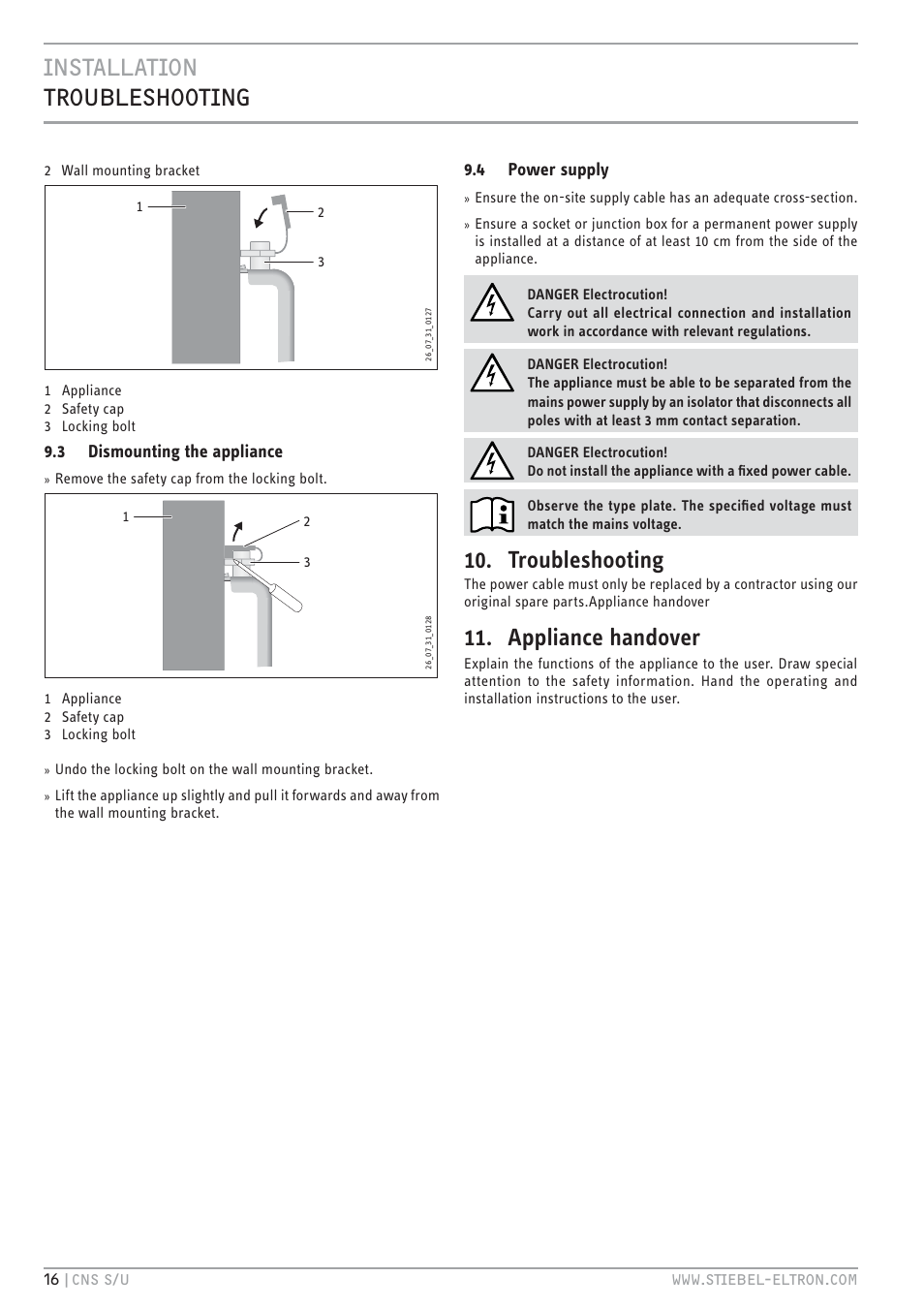 Cz`<<`.hc `vhe <z+hh`.c, Troubleshooting, Appliance handover | STIEBEL ELTRON CNS U с 01.03.2010 User Manual | Page 16 / 72